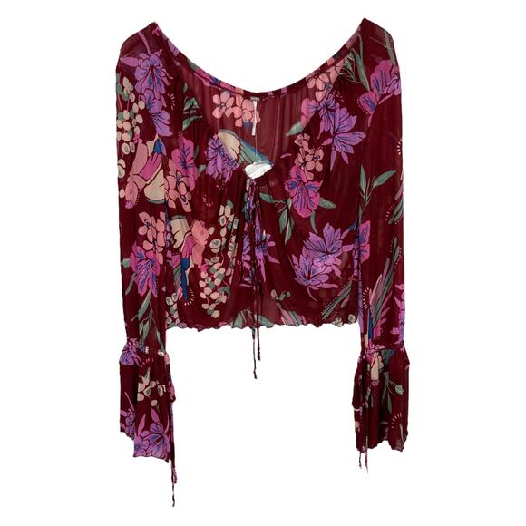 Free People Of Paradise Top Small New Floral Print Mesh Retro Crop Boho Blouse - Picture 2 of 7